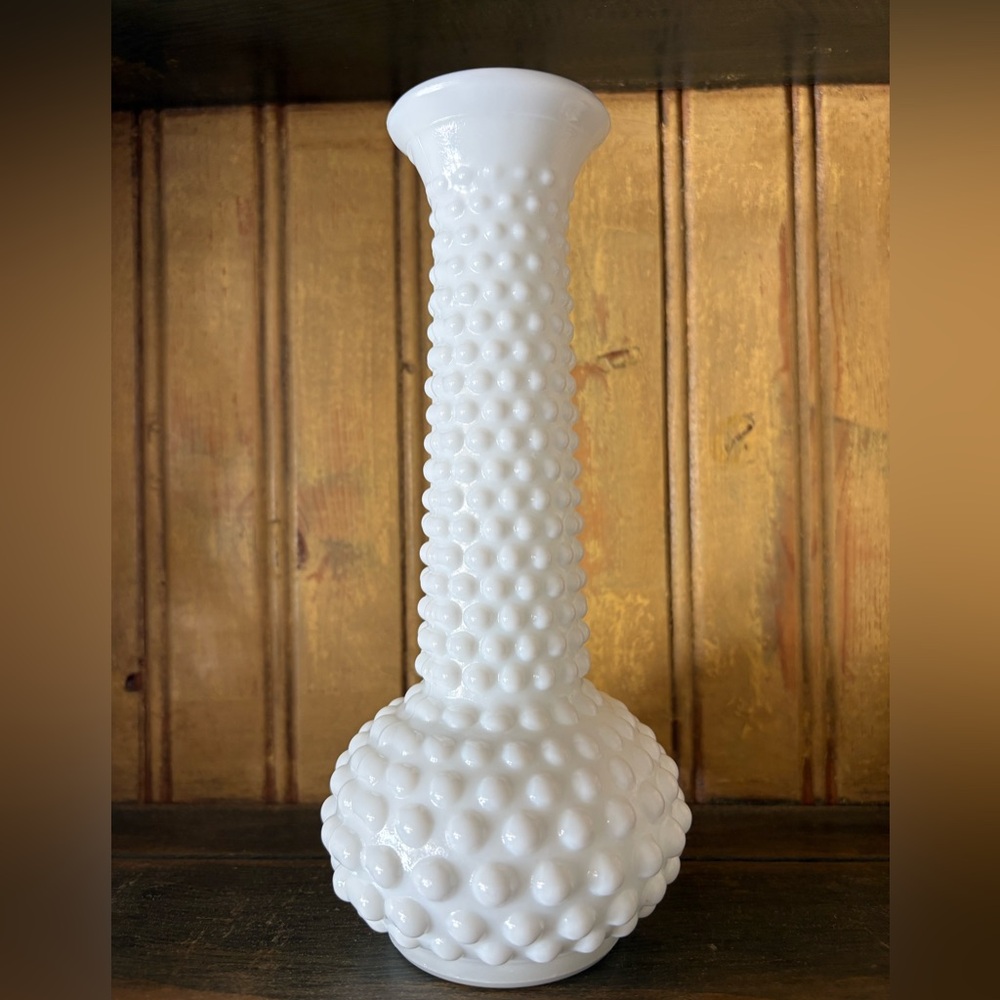 Vintage E.O. Brody Hobnail Milk Glass Vase – almost 8” tall – MCM Decor